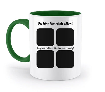 Weiße keramiktasse mit grünem innenrand und griff, vier fotofächer und schwarzem text, spülmaschinenfest und personalisierbar