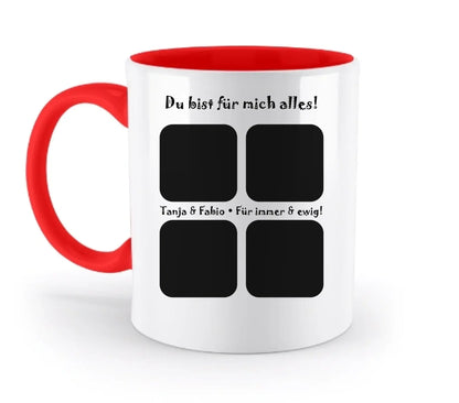 Weiße keramik tasse mit rotem griff und innenfläche, personalisierbar mit 4 fotos, spülmaschinenfest