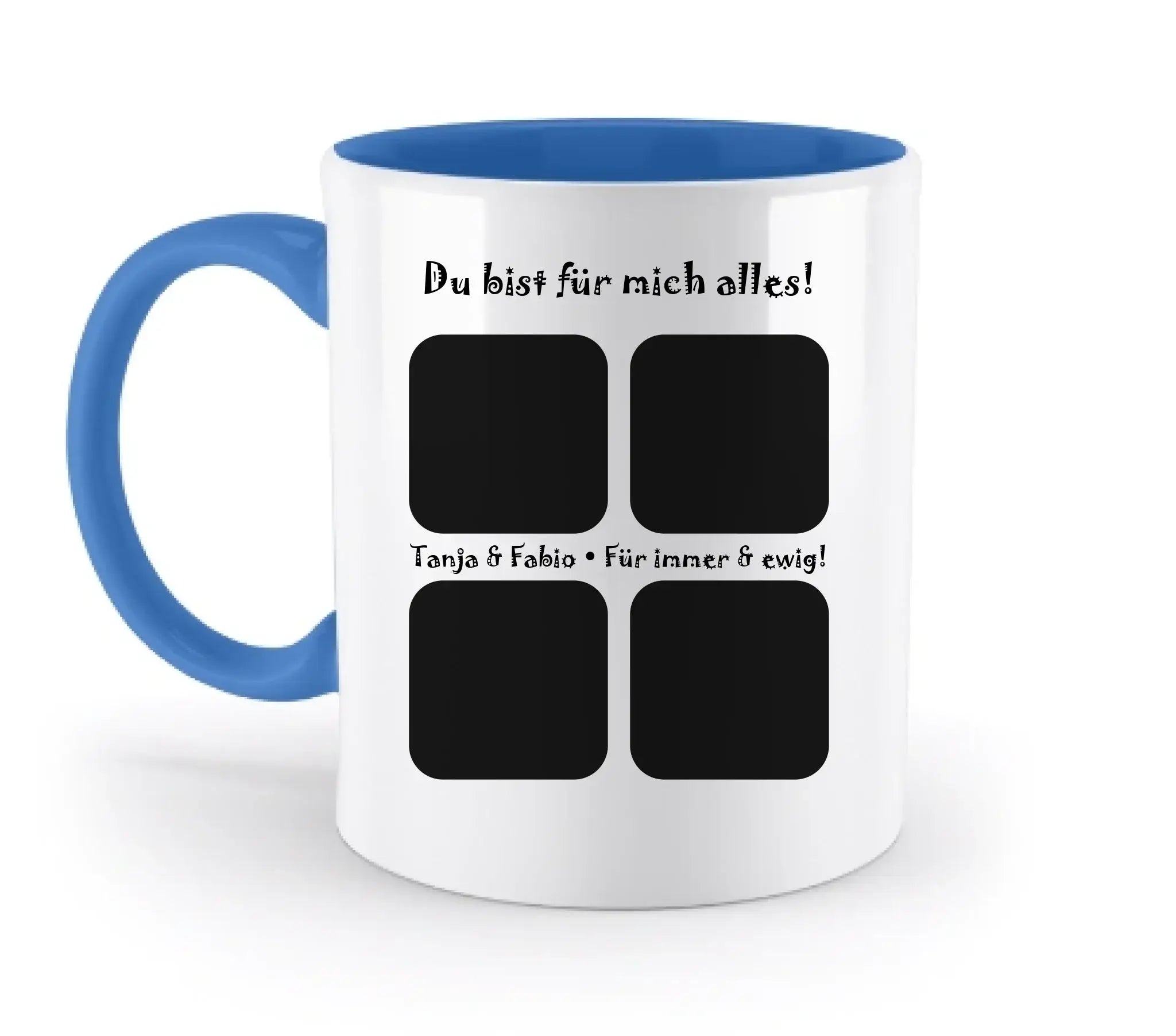 Weiße keramiktasse mit blauen griff und innenseite, bedruckt mit deutscher text und quadratischen fotoslotts, spülmaschinenfest