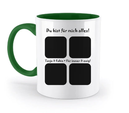 Weiße keramiktasse mit grünem griff und innen, schwarz bedruckt, mit vier foto platzhaltern, spülmaschinenfest