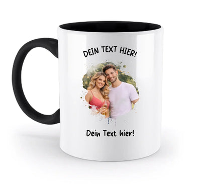 Weiße keramiktasse mit schwarzem griff und innenfläche, personalisierbar mit fotomotiv farbklekseffekt, spülmaschinenfest