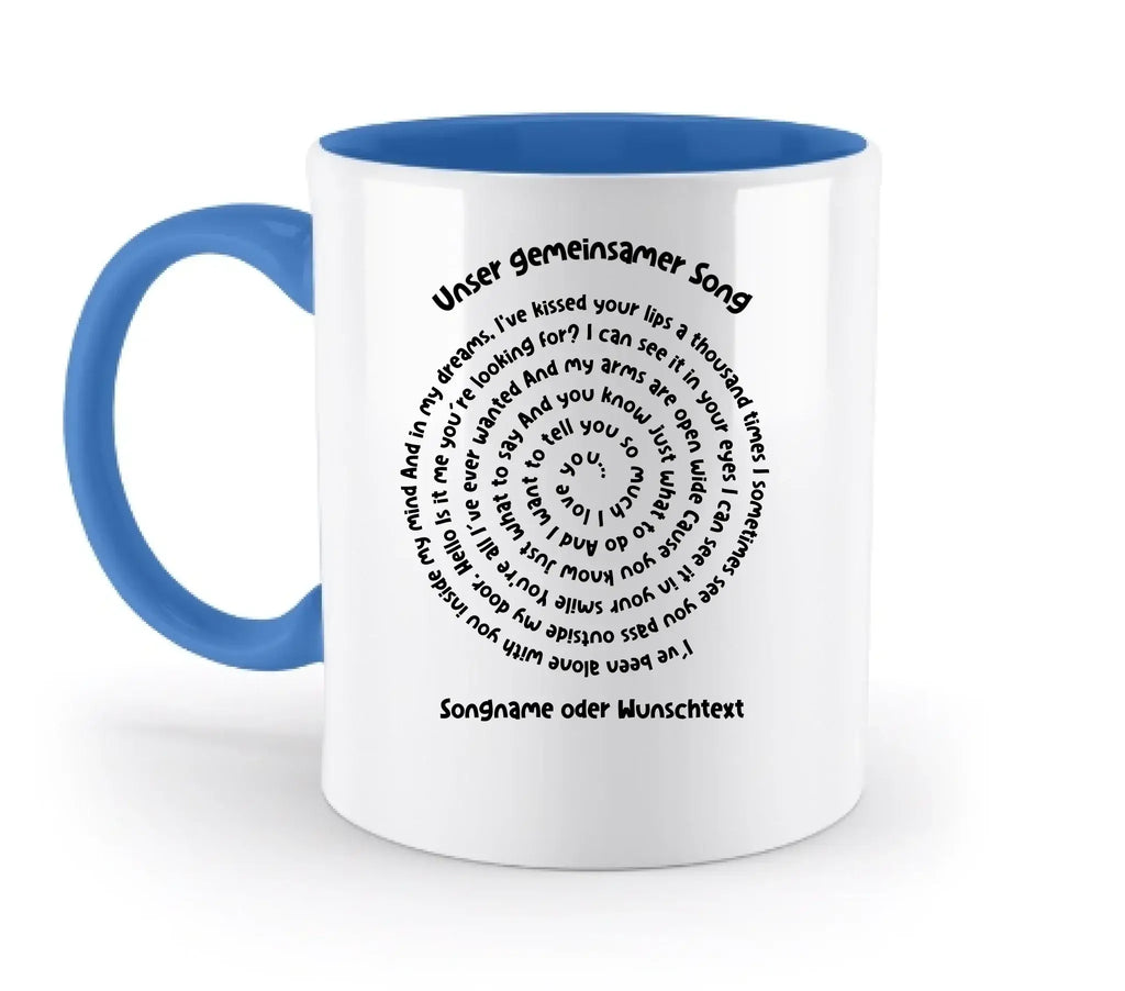 Blau weißer keramikbecher mit kreisförmigem songtext design spülmaschinenfest und personalisierbar
