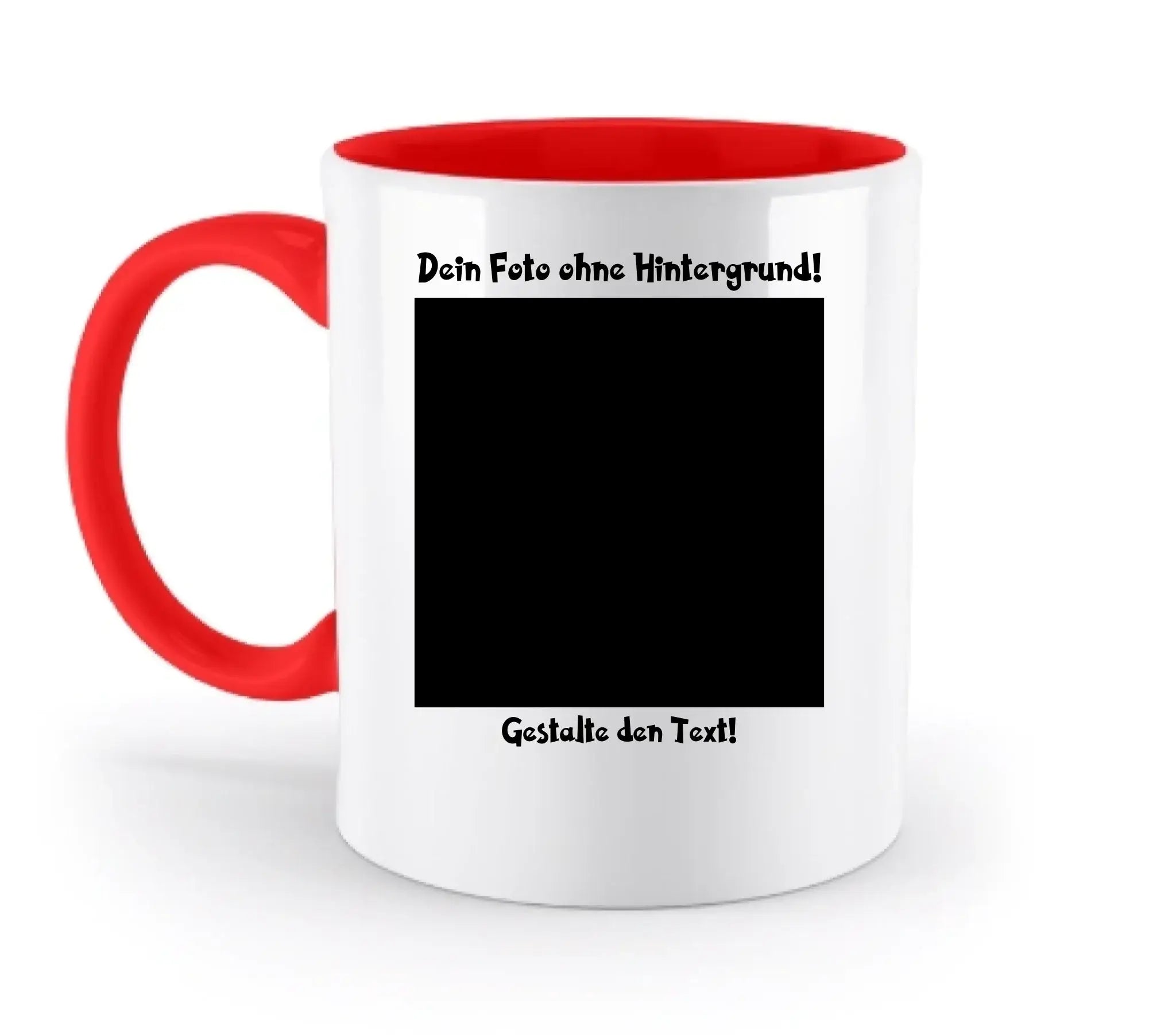 Weiße keramik tasse mit rotem griff und innenfarbe spülmaschinenfest und mit schwarzem quadrat für fotos personalisierbar