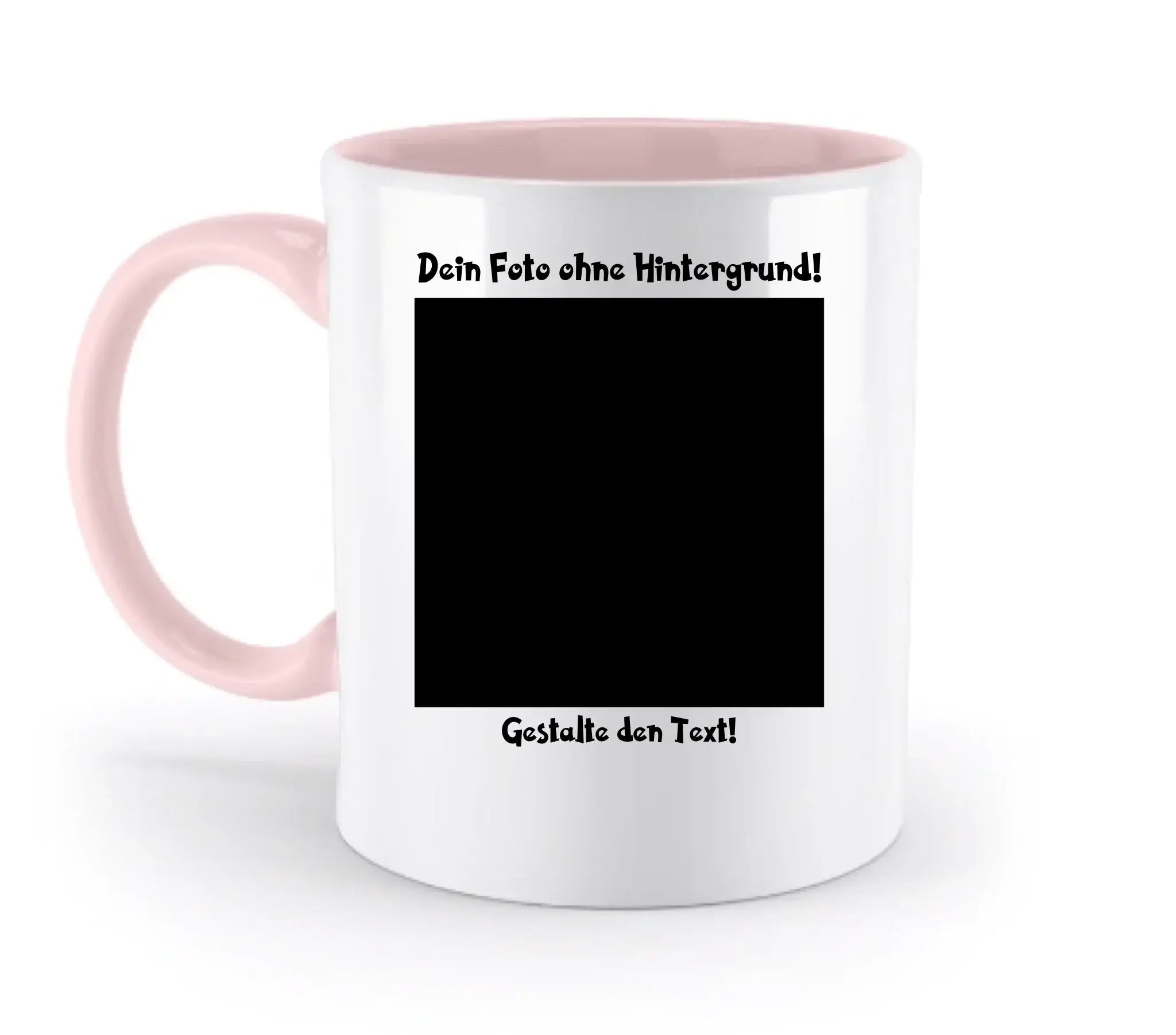Weiße keramik-tasse mit pinkem griff und innenseite personalisierbar mit fotomotiv spülmaschinenfest