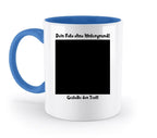 Weiße keramiktasse mit blauem griff und innenbereich, personalisierbar mit fotomotiv und spülmaschinenfest