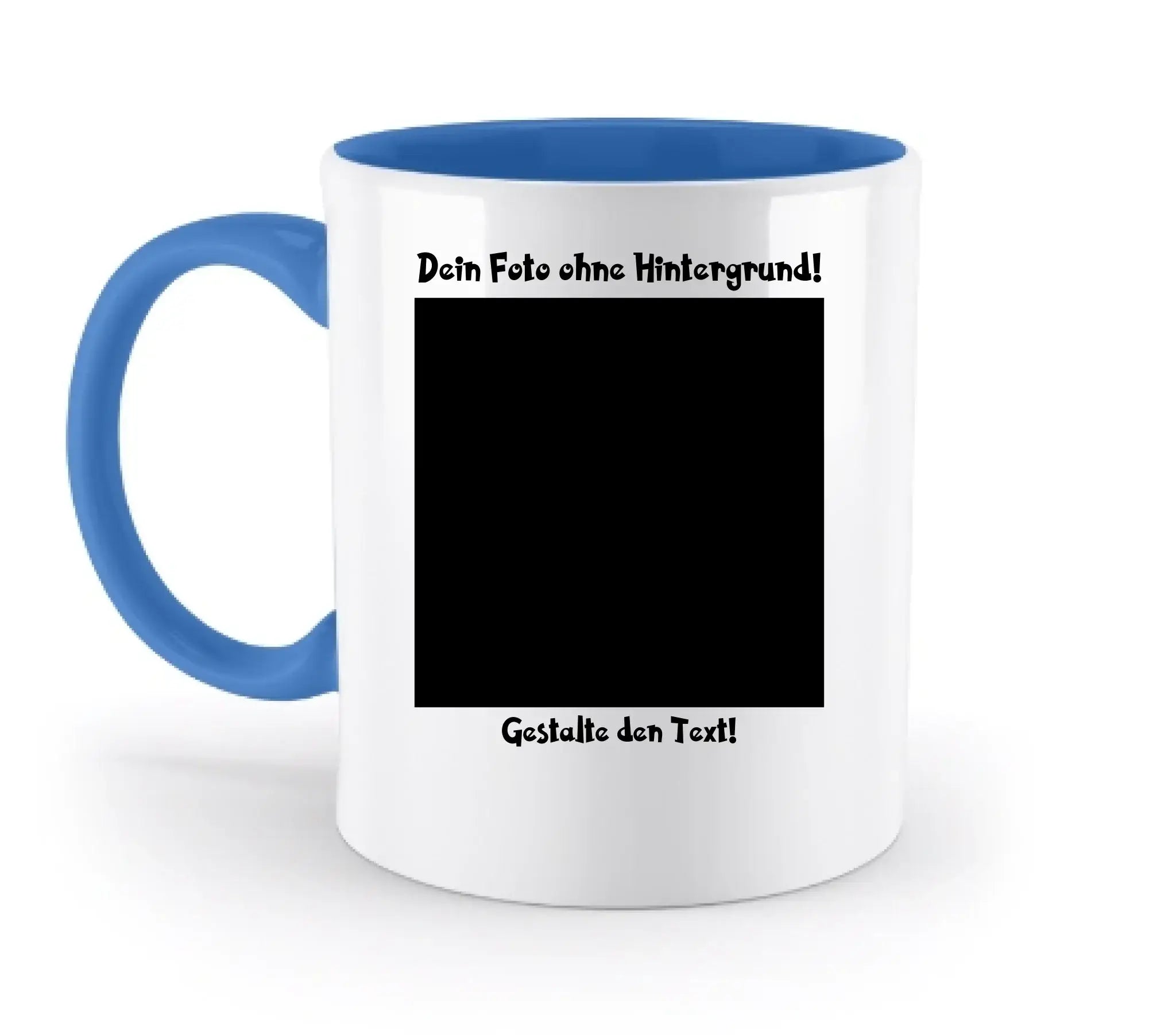 Weiße keramiktasse mit blauem griff und innenbereich, personalisierbar mit fotomotiv und spülmaschinenfest