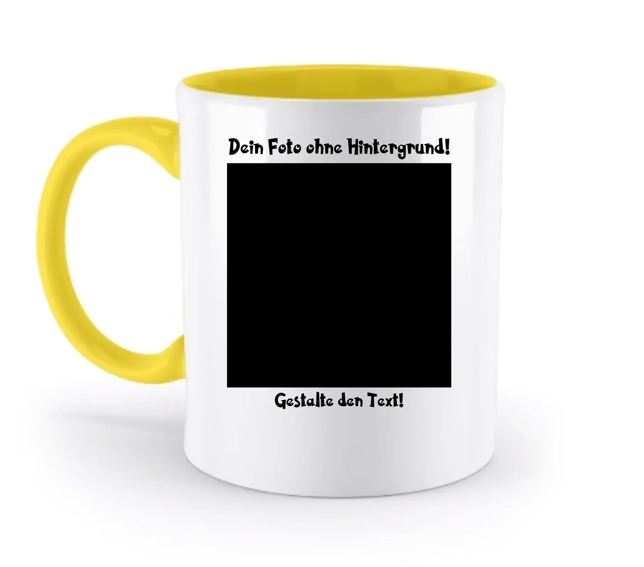 Weiße keramiktasse mit gelbem griff und innenraum, text dein foto ohne hintergrund und leerem fotofeld, spülmaschinenfest