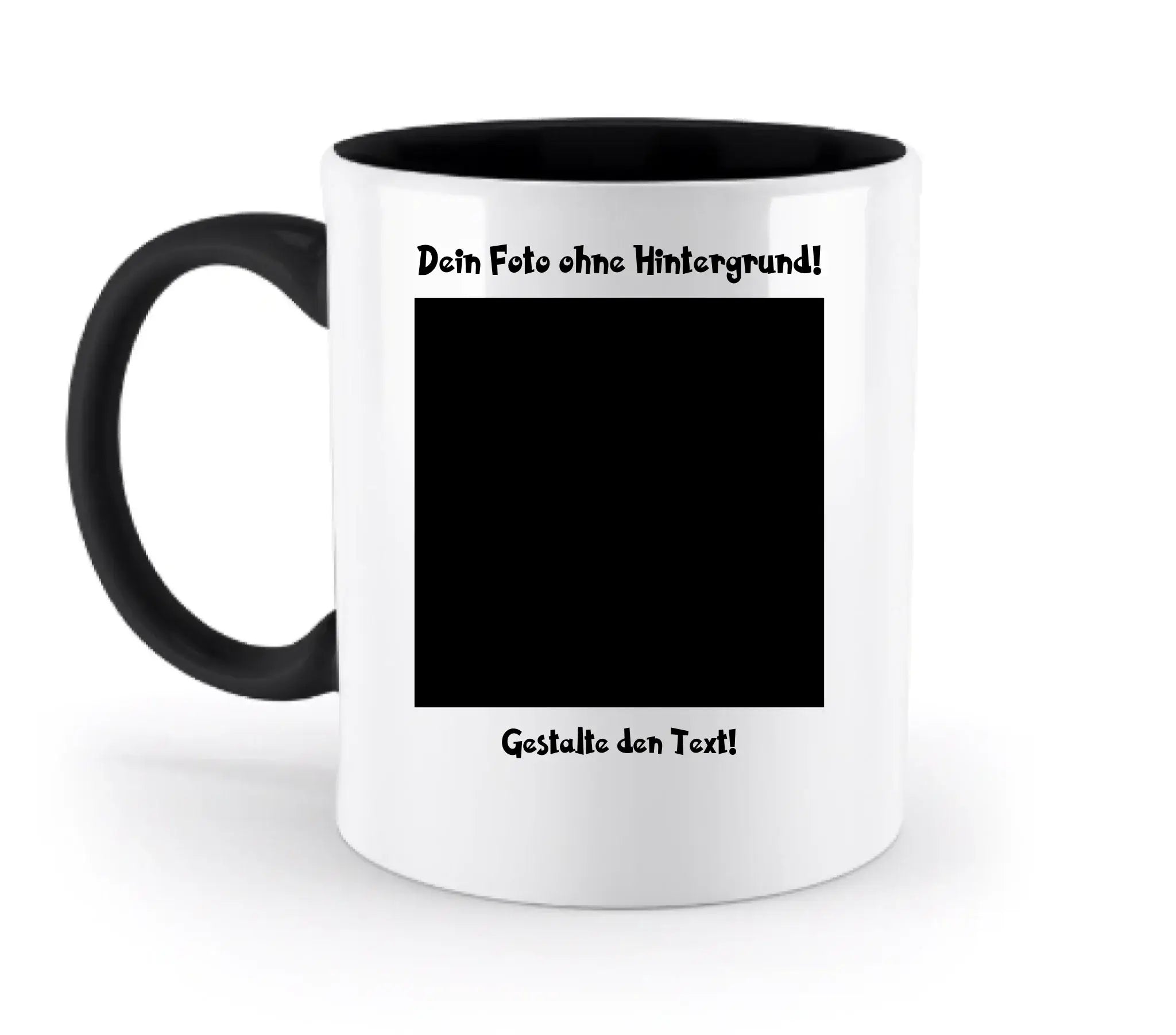 Weiße keramik tasse mit schwarzem griff und innenbereich, personalisierbar mit foto und deutsch gerahmten text prompts