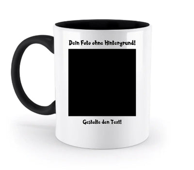 Weiße keramik tasse mit schwarzem griff und innenbereich, personalisierbar mit foto und deutsch gerahmten text prompts