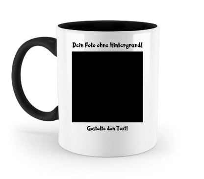 Weiße keramik tasse mit schwarzem griff und innenbereich, personalisierbar mit foto und deutsch gerahmten text prompts