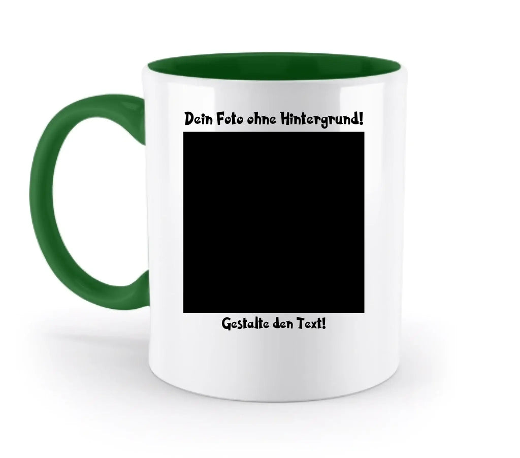 Weiße keramik-tasse mit grünem griff und innenfarbe, personalisierbar mit fotomotiv und spülmaschinenfest