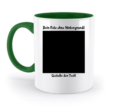 Weiße keramik-tasse mit grünem griff und innenfarbe, personalisierbar mit fotomotiv und spülmaschinenfest
