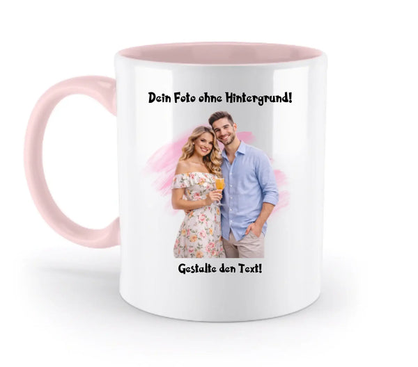 Weiße keramiktasse mit pinkem griff und innenbereich personalisierbar mit foto spülmaschinenfest