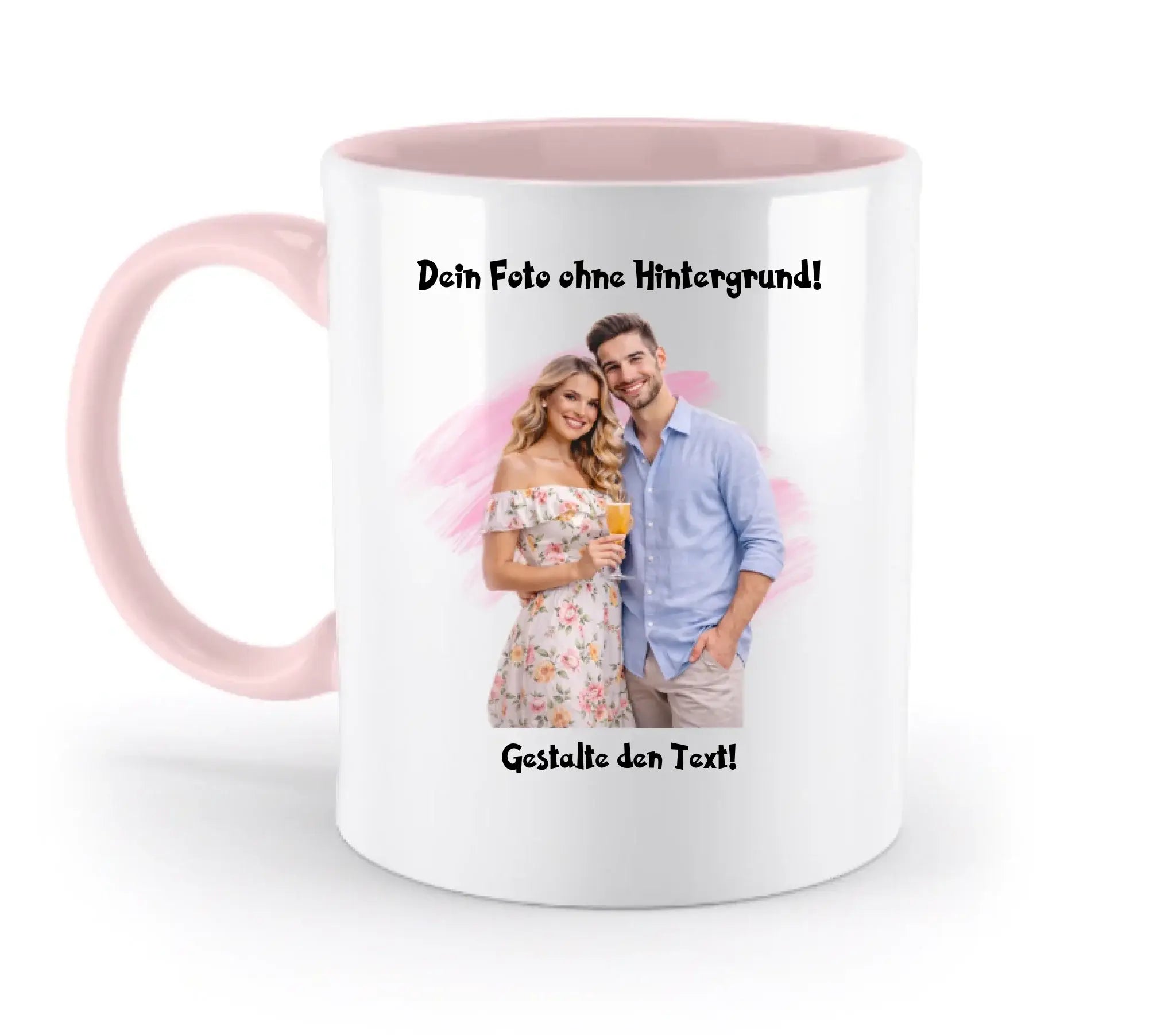 Weiße keramiktasse mit pinkem griff und innenraum personalisierbar mit fotomotiv und spülmaschinenfest