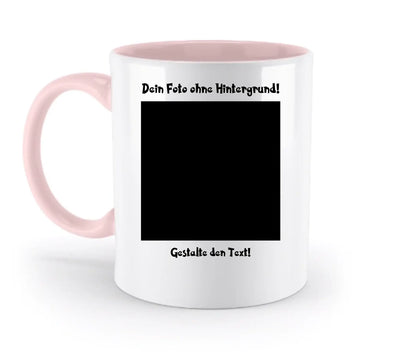 Weiße keramiktasse mit rosa griff und innenbereich mit personalisierbarem fotosbereich und deutschem text