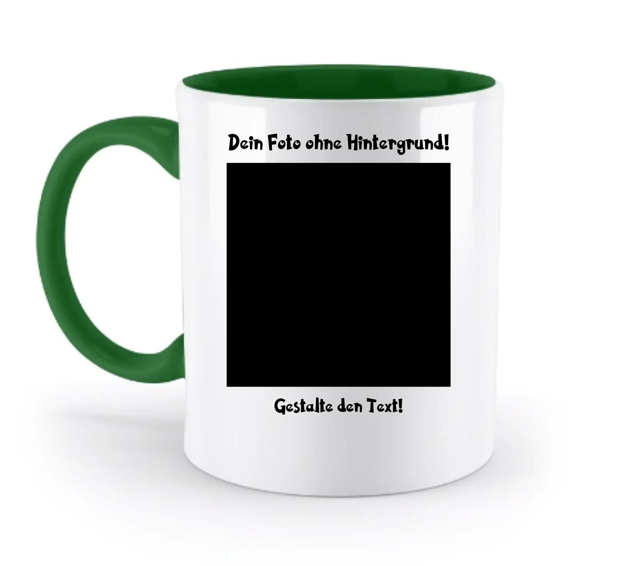 Weiße keramiktasse mit grünem griff und innenfläche personalisierbar mit fotomotiv und spülmaschinenfest