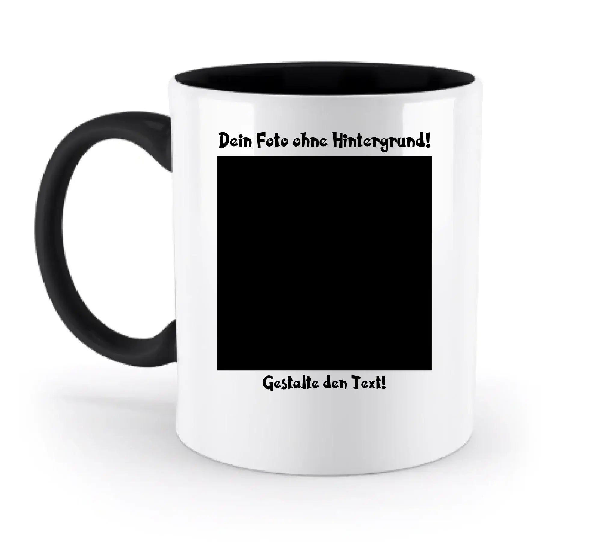 Weiße keramiktasse mit schwarzem griff und innen, personalisierbarer fotobereich mit deutschem rahmen, spülmaschinenfest