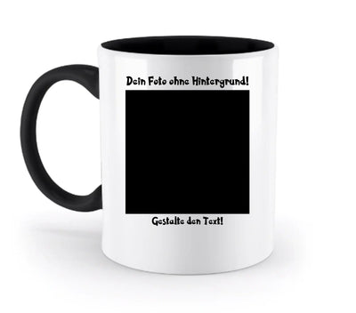 Weiße keramiktasse mit schwarzem griff und innen, personalisierbarer fotobereich mit deutschem rahmen, spülmaschinenfest