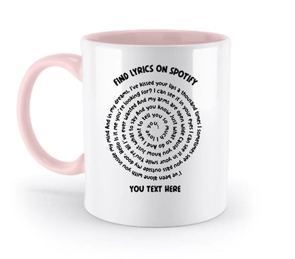 Weiße keramiktasse mit pinkem griff und innenraum, spiraltext mit spotify lyrics, spülmaschinenfest und personalisierbar