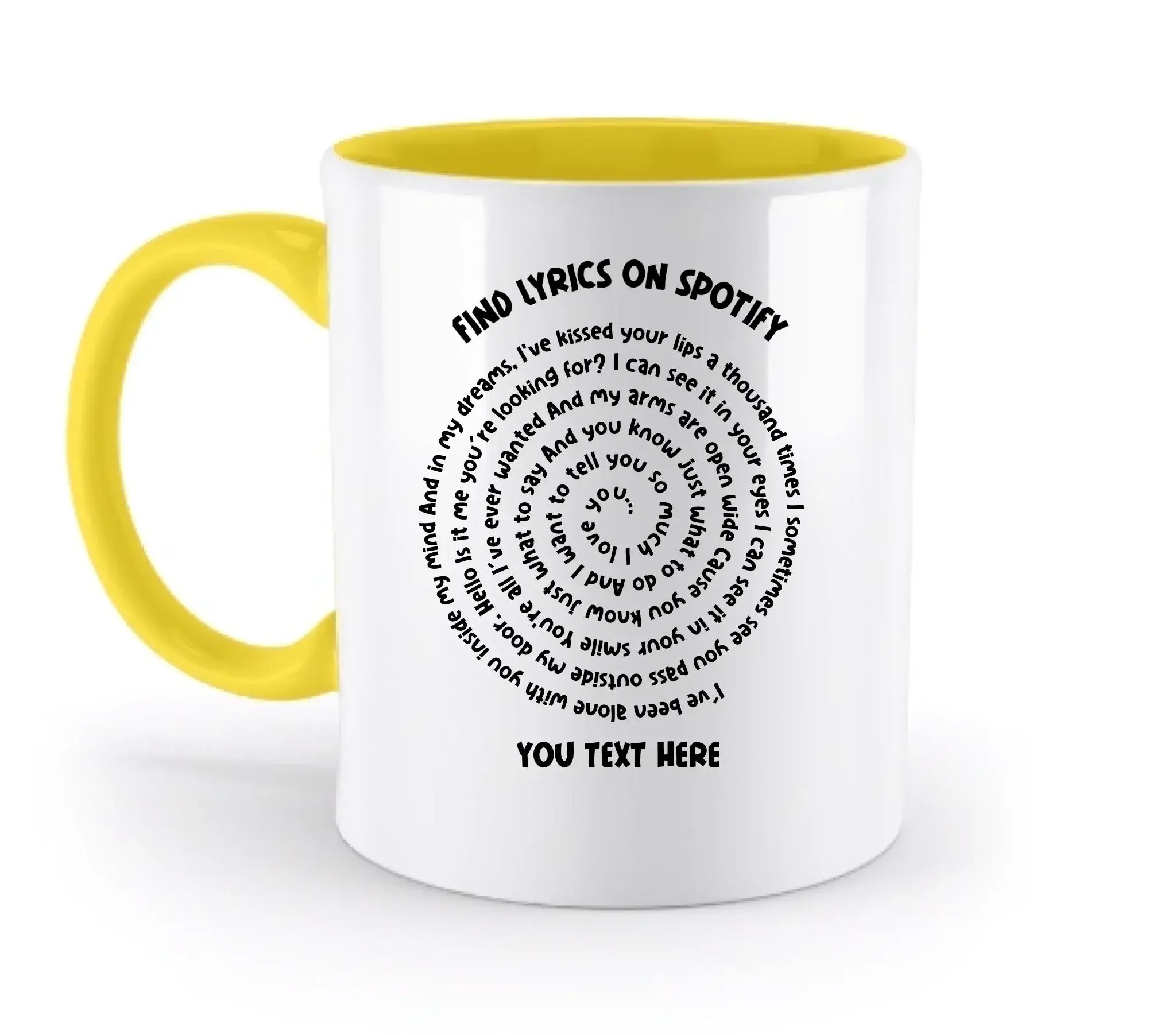 Weiße keramik tasse mit gelbem griff und innenfarbe, spülmaschinenfest, spotify spiralliedtext und personalisierbar