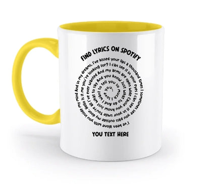 Weiße keramik tasse mit gelbem griff und innenfarbe, spülmaschinenfest, spotify spiralliedtext und personalisierbar