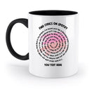 Weiße keramik tasse mit schwarzem griff und innen, spiraltext mit spotify songtext und find lyrics aufdruck, spülmaschinenfest