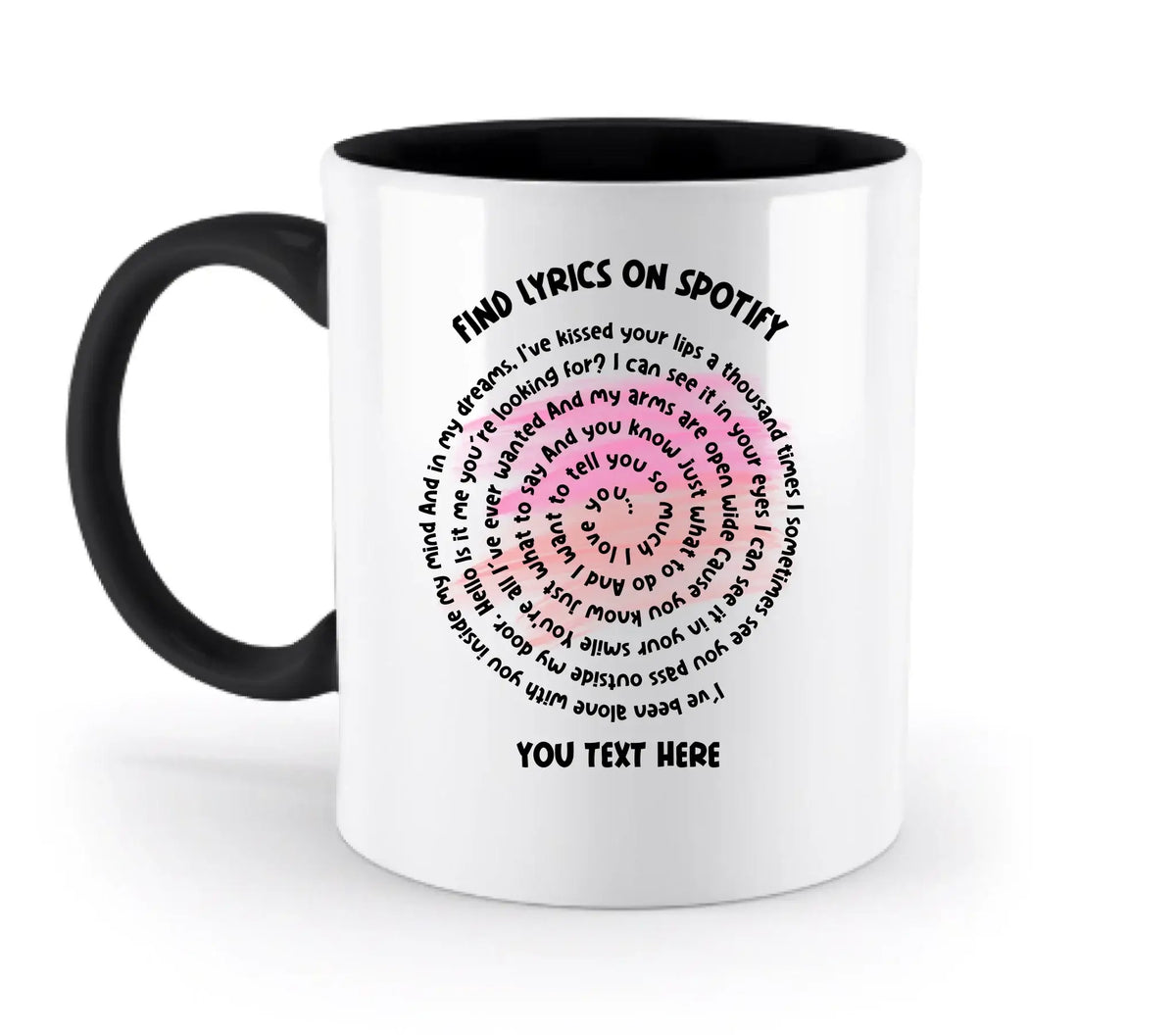 Weiße keramik tasse mit schwarzem griff und innen, spiraltext mit spotify songtext und find lyrics aufdruck, spülmaschinenfest