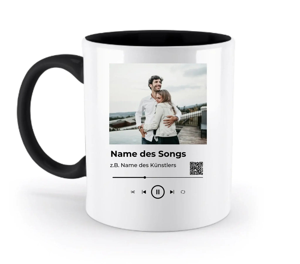 Weiße keramik tasse mit schwarzem griff und innen, personalisierbar mit fotoalbum-cover und spotify qr-code, spülmaschinenfest