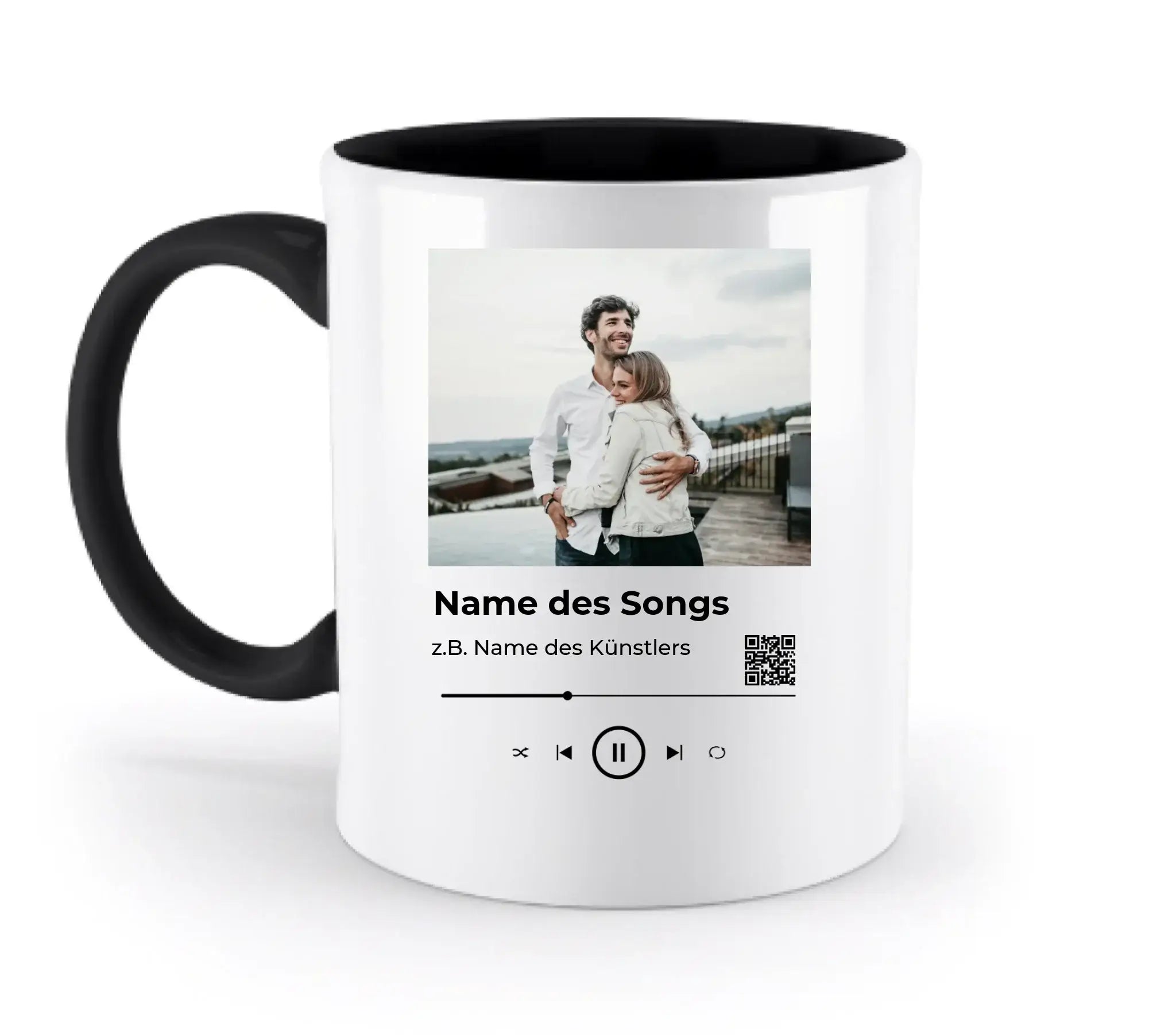 Weiße keramik tasse mit schwarzem griff und innen, personalisiert mit foto und spotify musikplayer design, spülmaschinenfest