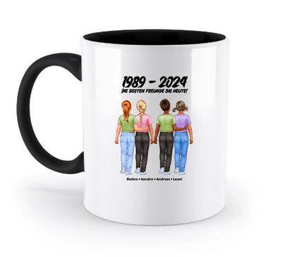 Weiße keramiktasse mit schwarzem griff und innenraum, farbenfrohe illustration von vier freunden, spülmaschinenfest und personalisierbar
