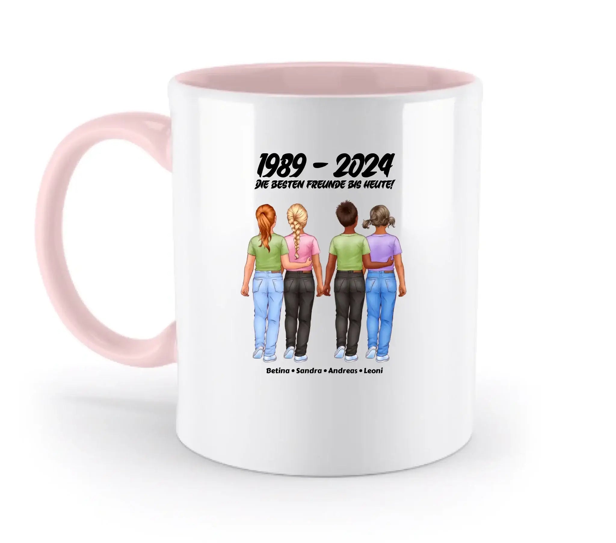 Weiße keramiktasse mit pinkem griff und innen, illustrativem design von vier freunden, spülmaschinenfest und personalisierbar