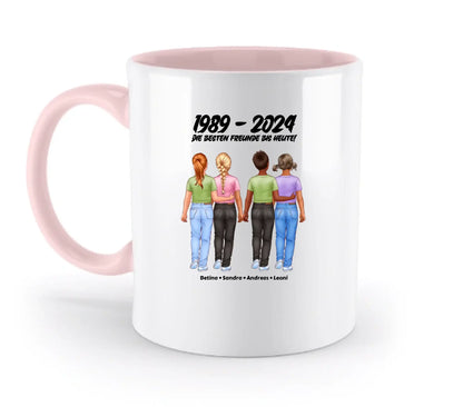 Weiße keramiktasse mit pinkem griff und innen, illustrativem design von vier freunden, spülmaschinenfest und personalisierbar