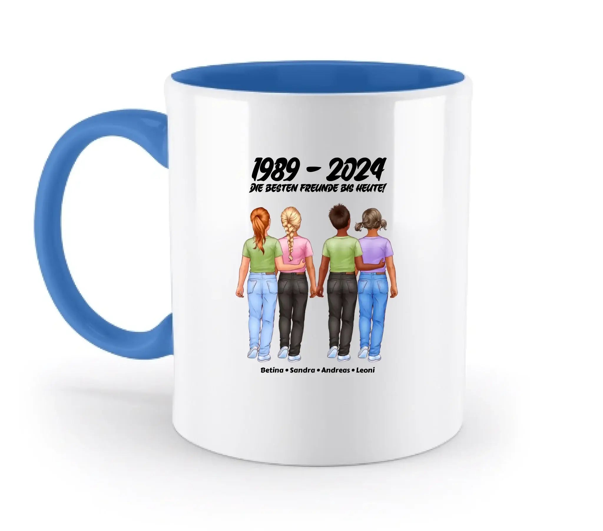 Weiße keramik tasse mit blauem griff und innenfarbe mit personalisierbarer freundschaftsillustration von vier freunden