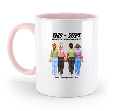 Weiße keramiktasse mit pinkem griff und innenbereich mit freundschaftsillustration spülmaschinenfest und personalisierbar