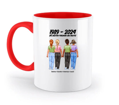 Weiße keramiktasse mit rotem griff und innenrand, spülmaschinenfest, personalisiert mit illustration von vier freunden