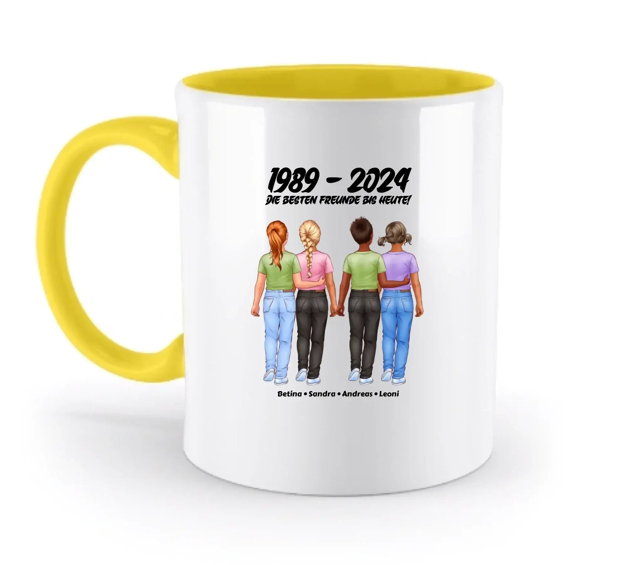 Weiße keramiktasse mit gelbem griff und innenbereich, bunte freundschaftsillustration mit 4 freunden, spülmaschinenfest