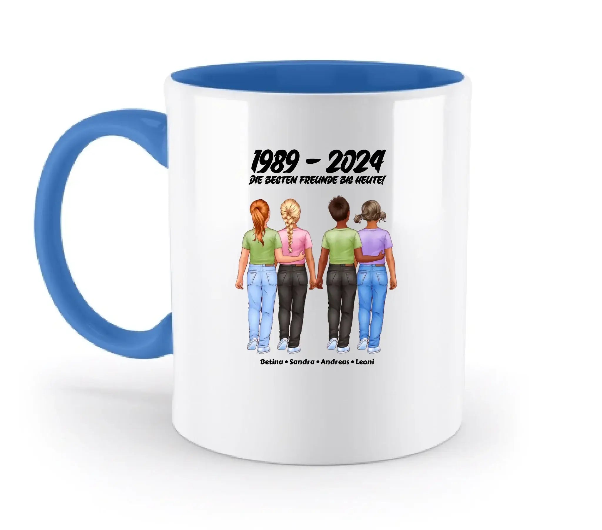 Weiße keramik-tasse mit blauem innenraum und griff, spülmaschinenfest, mit persönlicher illustration von 4 freunden