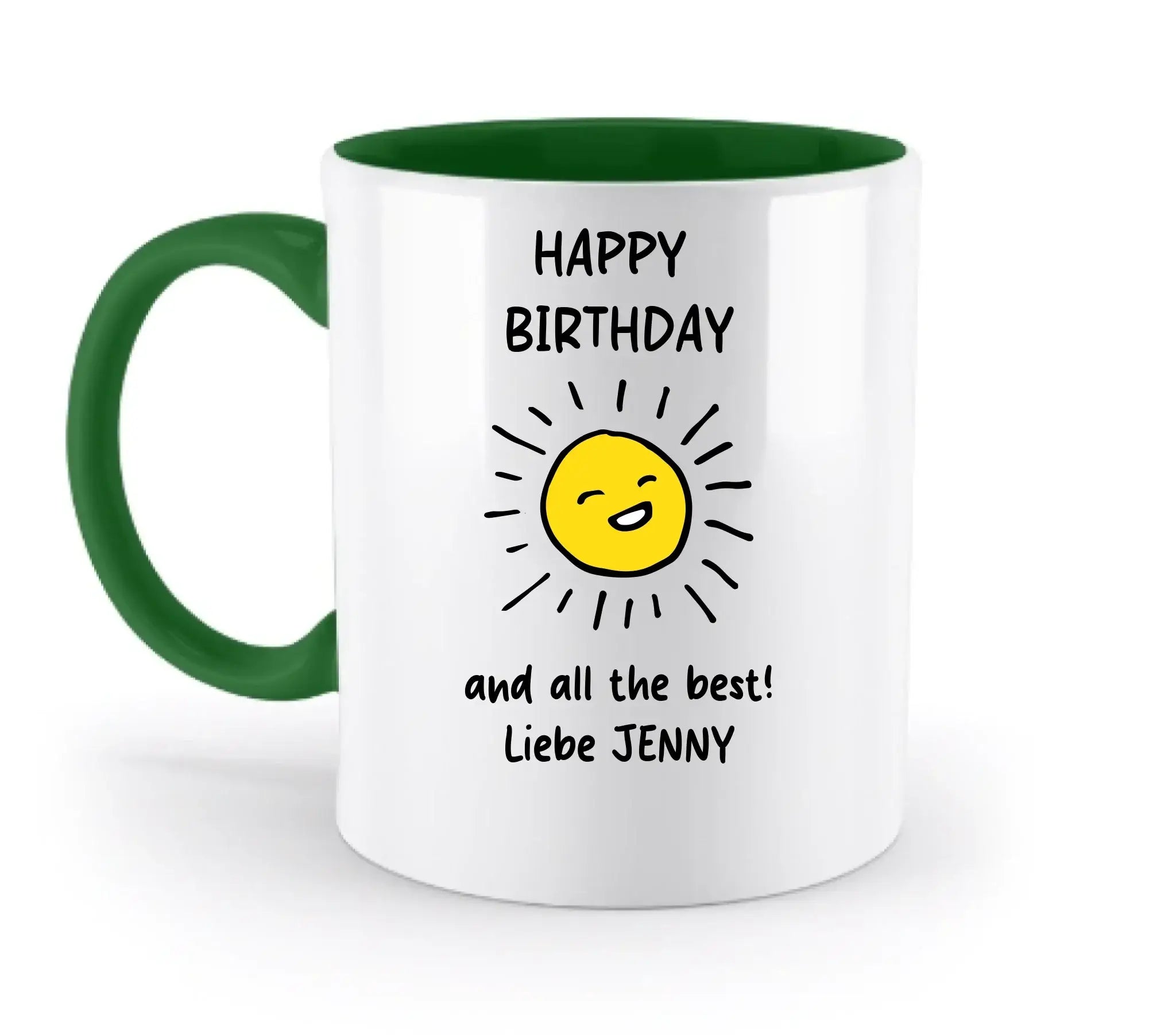 Weiße keramiktasse mit grünem griff und innenfläche, fröhlicher sonnenschein und text happy birthday, spülmaschinenfest und personalisierbar