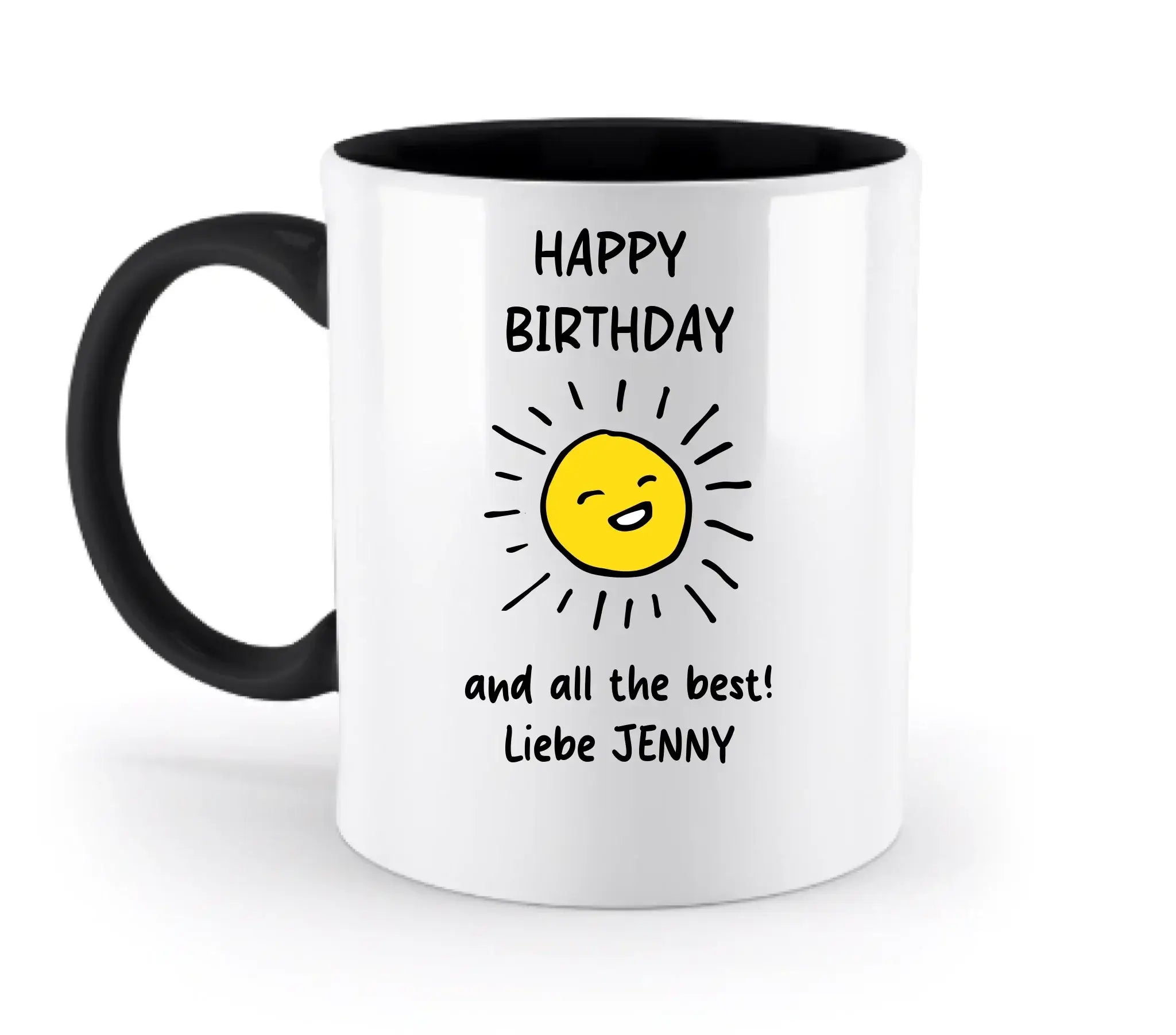 Weiße keramiktasse mit schwarzem griff und innenfarbe mit fröhlicher sonnengrafik und happy birthday text, spülmaschinenfest und personalisierbar