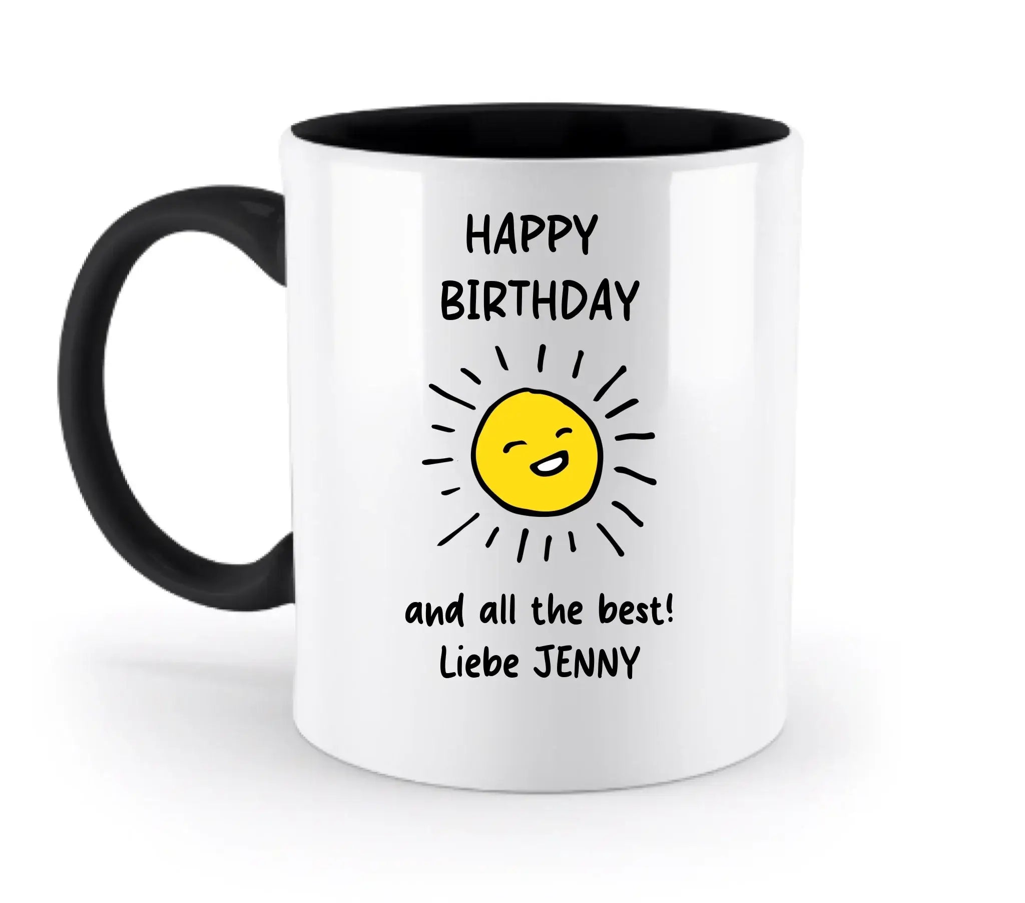 Weiße keramiktasse mit schwarzem griff und innen, fröhliche gelbe sonne und text happy birthday, spülmaschinenfest und personalisierbar