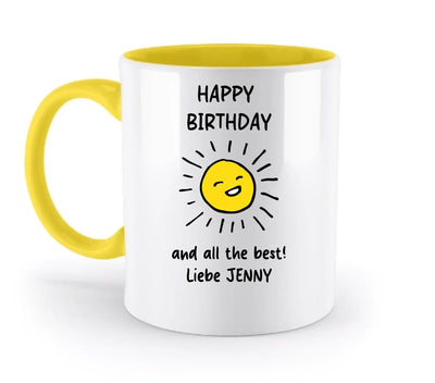 Weiße keramiktasse mit gelbem griff und innenfläche, fröhliche sonne und happy birthday, spülmaschinenfest und personalisierbar