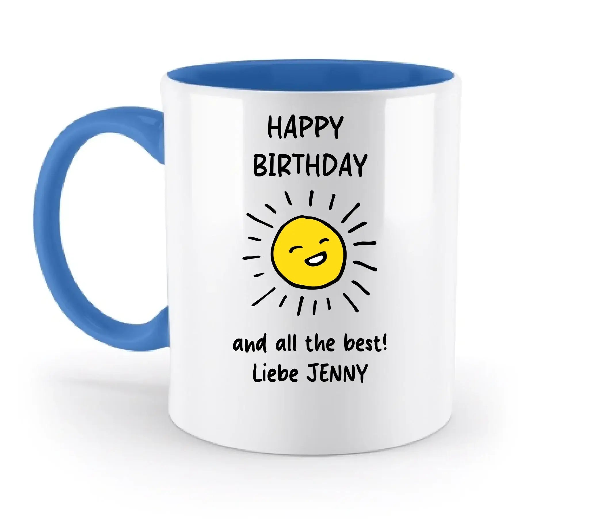 Weiße keramik tasse mit blauem griff und innenfarbe, fröhlicher gelber sonnensmiley und happy birthday text, spülmaschinenfest