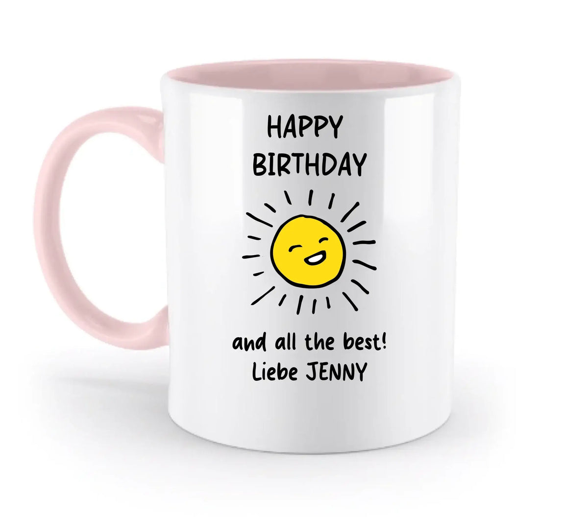 Weiße keramiktasse mit pinkem griff und innen happy birthday text und lächelnder gelber sonne, spülmaschinenfest
