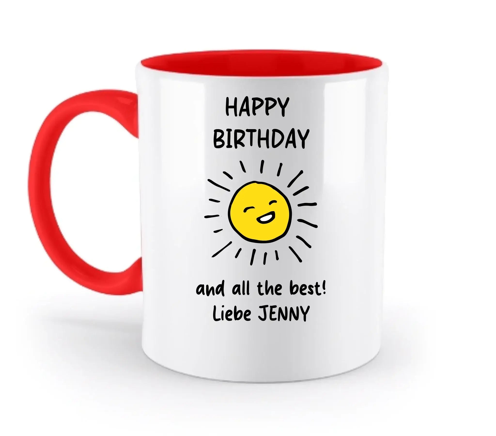 Weiße keramik tasse mit rotem griff und innen, fröhliche gelbe sonne und text happy birthday, spülmaschinenfest und personalisierbar