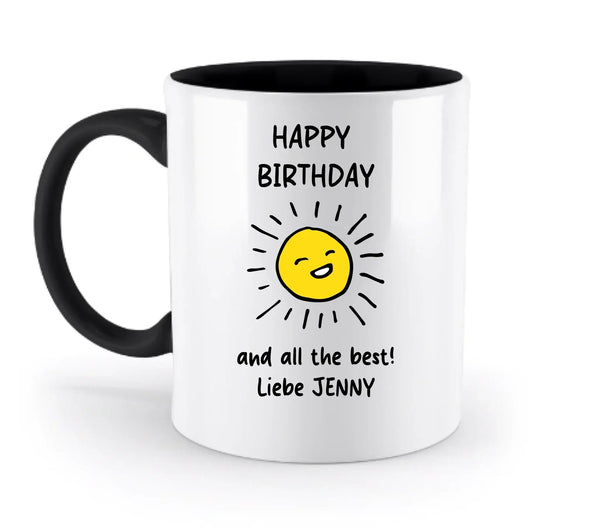 Weiße keramiktasse mit schwarzem griff und innenraum, fröhliche gelbe sonne und happy birthday text, spülmaschinenfest