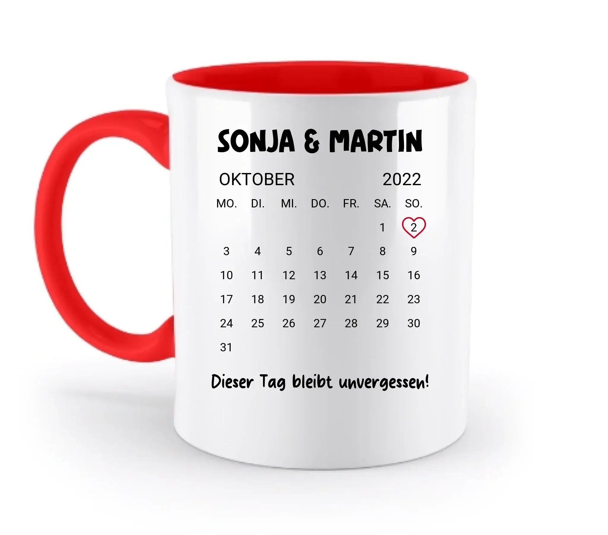 Weiße keramik-tasse mit rotem griff und innen, kalender oktober 2022 mit namen sonja und martin, spülmaschinenfest und personalisierbar