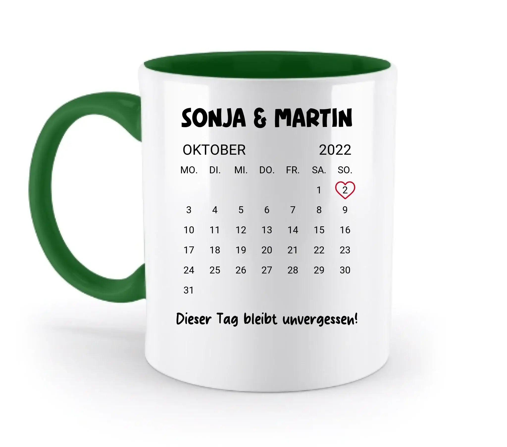 Weiße keramiktasse mit grünem griff und innenfarbe, personalisierbarer oktober 2022 kalender für sonja und martin, spülmaschinenfest
