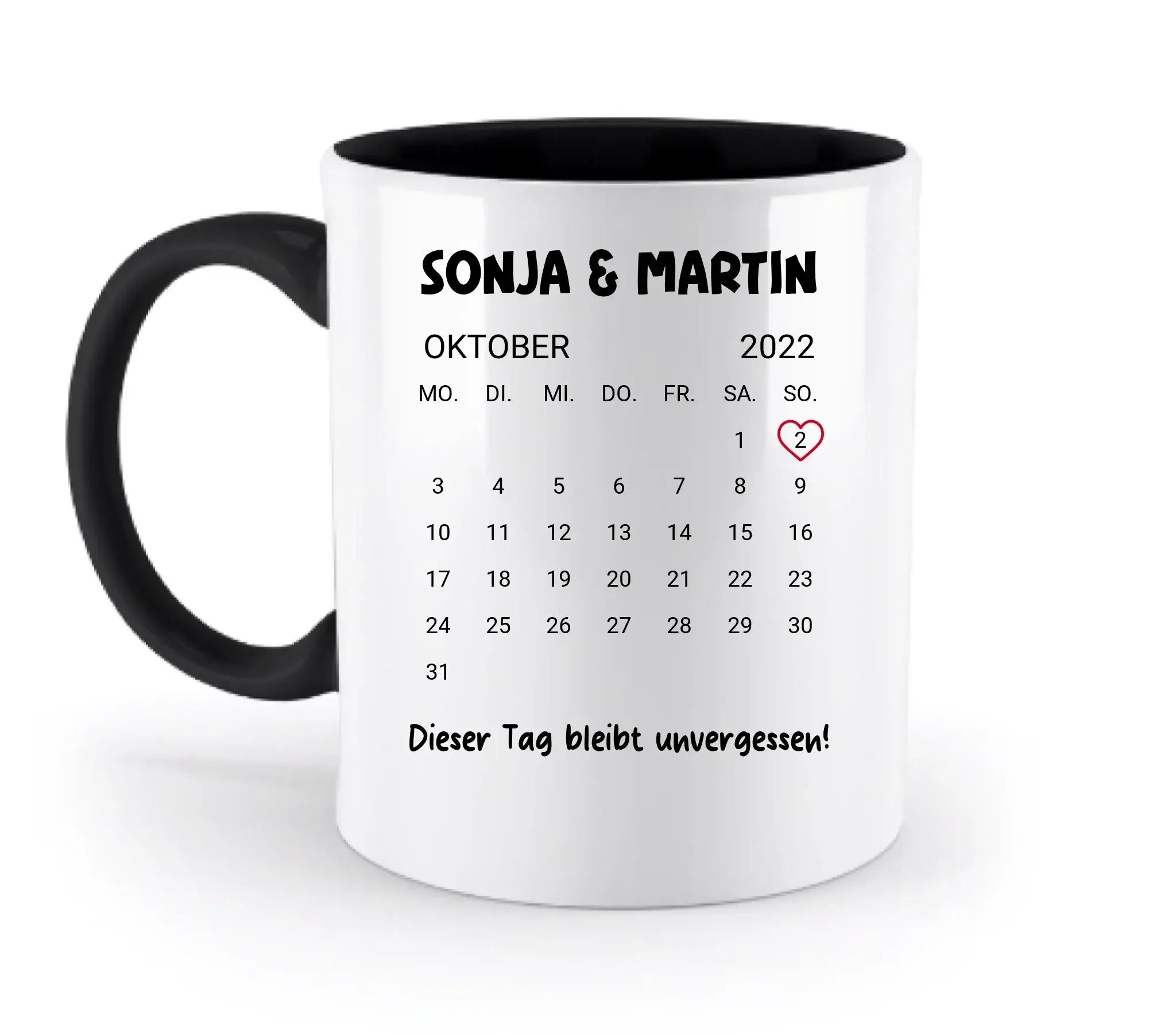 Weiße keramiktasse mit schwarzem griff und innenraum personalisierbarer kalender oktober 2022 spülmaschinenfest
