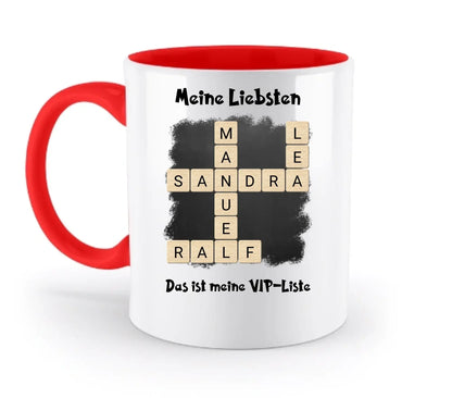 Weiße keramiktasse mit rotem griff und innenleben, kreuzworträtsel design mit sandra und ralf, spülmaschinenfest
