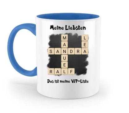 Weiße keramik tasse mit blauem griff und innenfarbe, spülmaschinenfest, mit Kreuzworträtseldesign sandra